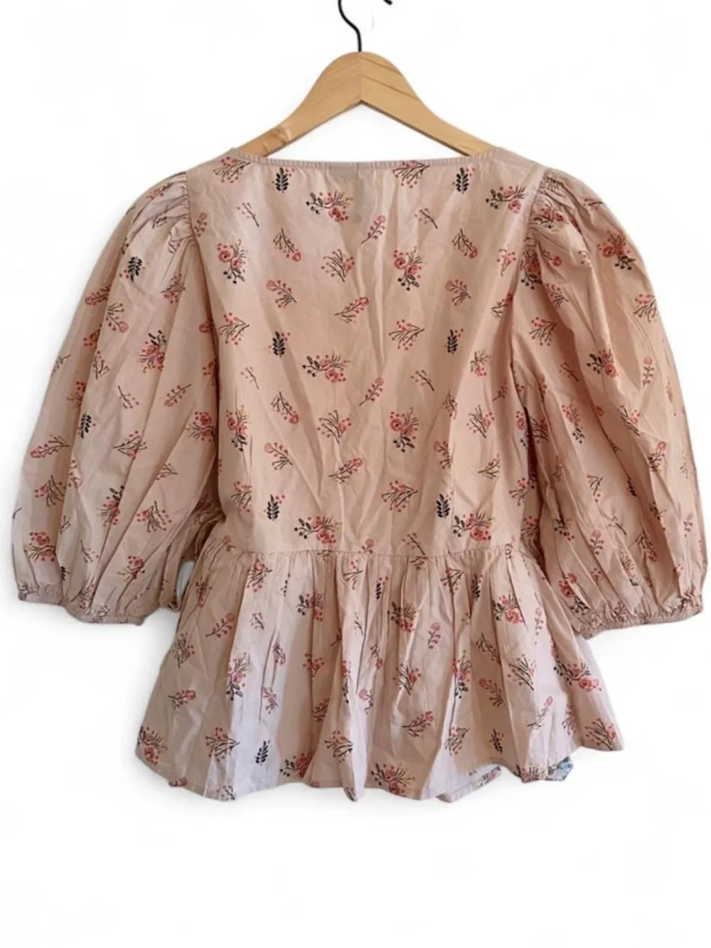 Y.A.S Organic Cotton Floral Wrap Top S Puff Sleeve Peplum Cottagecore Romantic